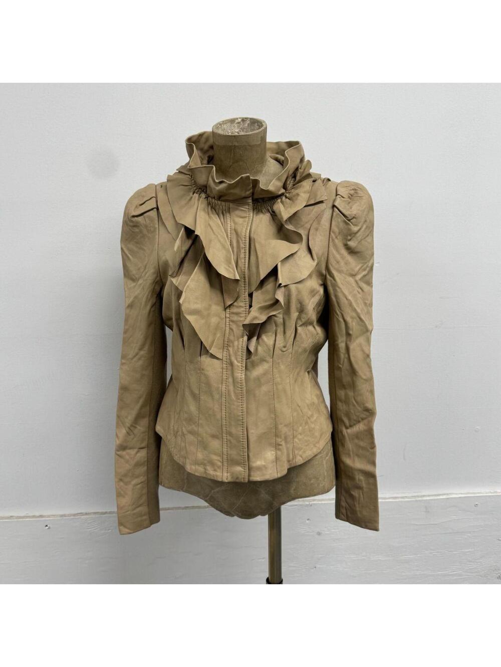 Vintage Beige Ruffle Collar Victorian Style Steampunk Leather Jacket